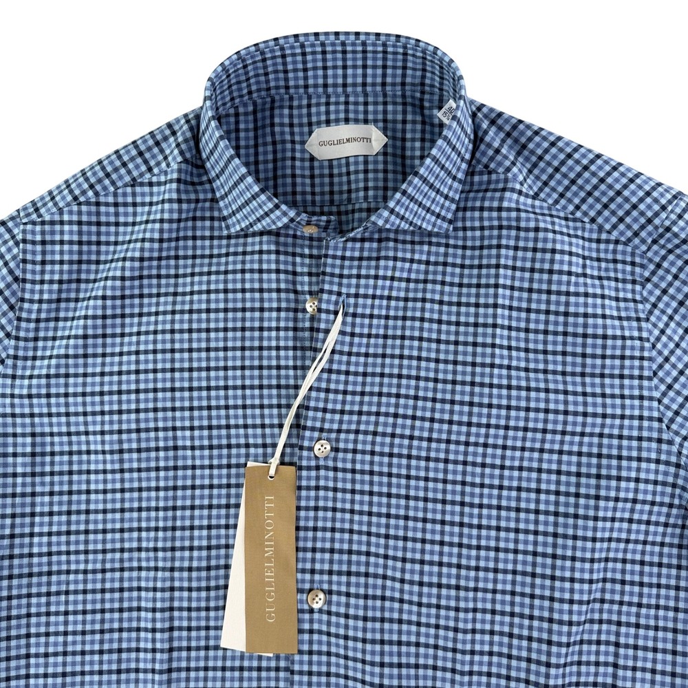 Guglielminotti Dress Shirt Mens 40 15 3/4 Blue Gingham Long Sleeve